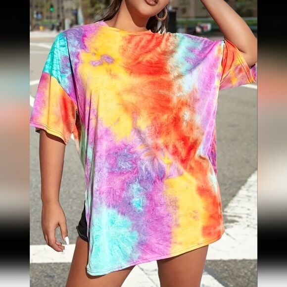 Plus Size Tie Dye Print Slit T-shirt Sz 2X - Picture 4 of 5